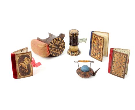 Tunbridge ware, sewing, six pieces, comprising a rosewood cylinder sewing clamp with stick ware end and pin cushion top, 5.8c