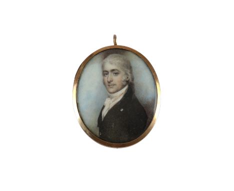 λ English School c. 1810 Portrait miniature of a gentleman in black coat and white stock Oval, in gilt metal brooch frame, th