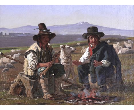 Martinus Rorbye (Danish 1803-1848) Two shepherd boys in the Roman Campagna Dated 1835 and inscribed Roma Oil on paper laid on