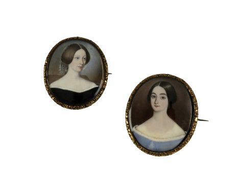 λ English School, c. 1840 Portrait miniature of a lady in a black dress and lace veil; Portrait miniature of a lady in blue d