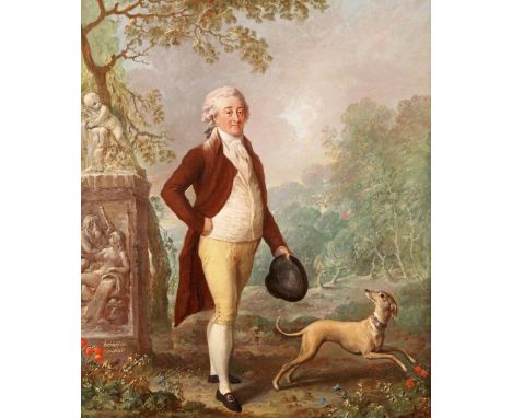 Johann Ernst Heinsius (German 1740-1812) Portrait of a Gentleman in a park with his dog beside him Signed Oil on canvas 65 x 