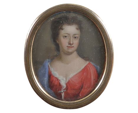 English School Late 18th century Portrait miniature of a lady, head and shoulders in a red dress, with a blue gown Oval, on c