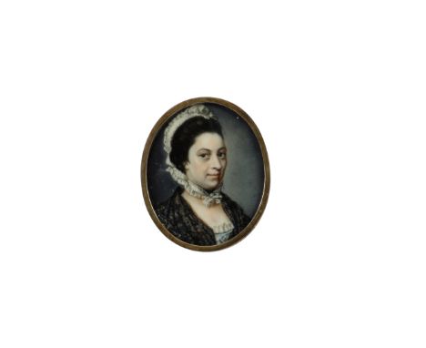 λ James Scouler (1741-1812) Portrait miniature of a Lady in a white dress, black stole and lace bonnet Dated 1769 on reverse 