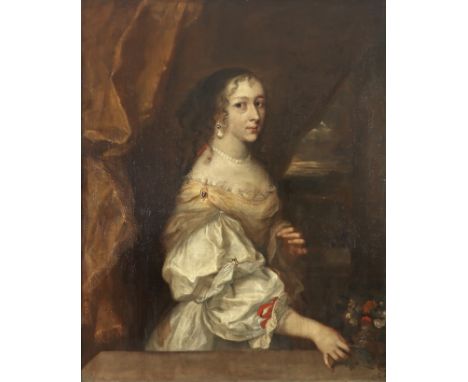 Attributed to Sir Peter Lely (Dutch 1618-1680) Portrait of a lady in a white dress and yellow shawl Oil on canvas 107 cm x 87