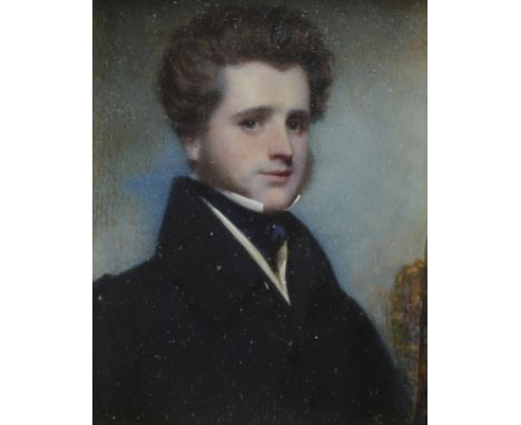 λ English School Late 18th Century Portrait miniature of a gentleman, head and shoulders in a dark coat with a blue collar Ov