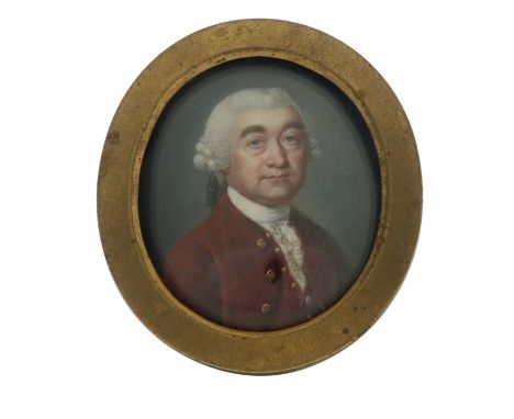 λ James Scouler (1741-1812) Portrait miniature of a gentleman with powdered hair en queue in a brown coat and waistcoat with 