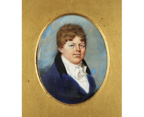λ English School Early 19th Century Portrait miniature of a gentleman, head and shoulders in blue coat and white stock Oval i