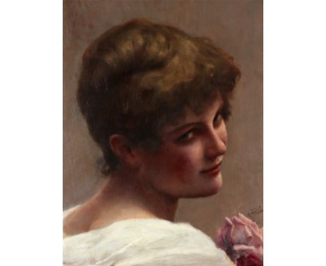 Alfred Seifert (Czechoslovakian 1850-1901) Portrait of a young woman holding a rose Signed Oil on panel 34 x 28cm; 13½ x 11in