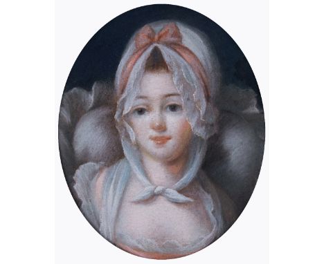 French School 18th Century Portrait of a young woman wearing a bonnet and coral ribbon Pastel, oval 30 x 25cm; 11¾ x 9¾in