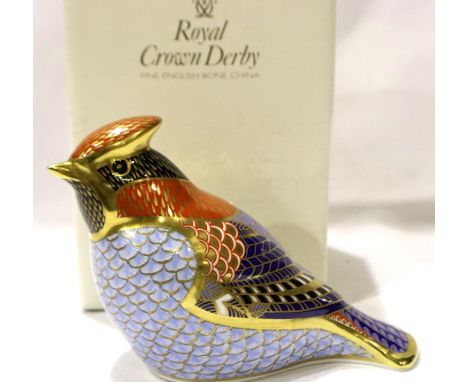 Royal Crown Derby Waxwing, with gold stopper, boxed, L: 13 cm. No cracks or chips. P&amp;P Group 1 (£14+VAT for the first lot