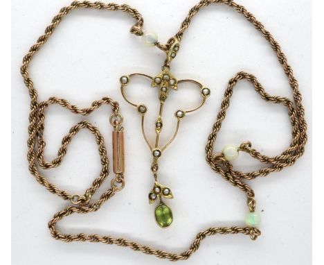 Art Nouveau 9ct gold pendant set with seed pearls on a 9ct gold chain, set with three opals, 4.5g. P&amp;P Group 1 (£14+VAT f