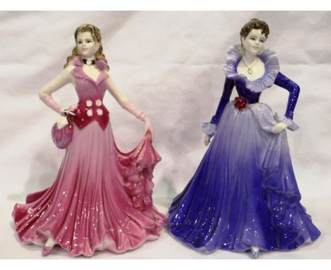 Two Coalport Ladies of Fashion figurines, H: 21 cm, no cracks or chips. P&amp;P Group 2 (£18+VAT for the first lot and £3+VAT