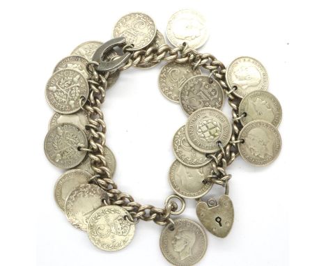 Silver threepence coin bracelet with padlock clasp, L: 18 cm, 49g. P&amp;P Group 1 (£14+VAT for the first lot and £1+VAT for 