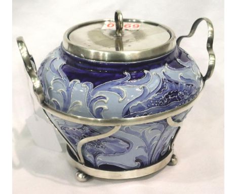 Moorcroft Macintyre Florian ware twin handled biscuit barrel, H: 15 cm. Silver plating fade to lid, crack to base and crazed 