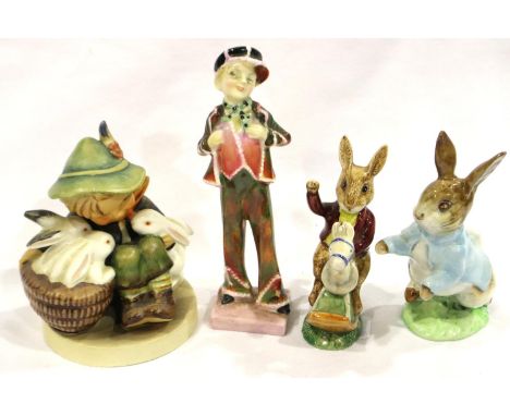 Doulton Bunnykins Tally Ho, Beswick Beatrix Potter, Peter Rabbit, H: 20 cm and Goebel/Hummel Boy and boy with rabbits (4). Pe