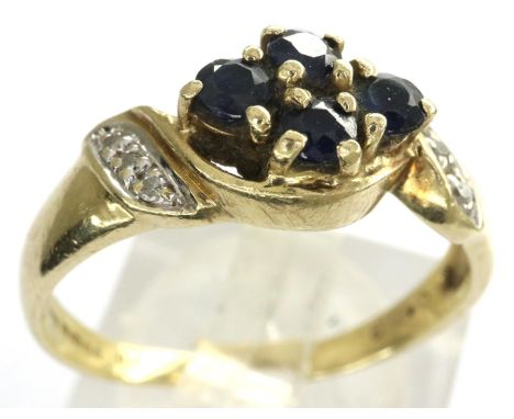 9ct gold ring set with four sapphires and diamond set shoulders, size P, 2.5g. P&amp;P Group 1 (£14+VAT for the first lot and
