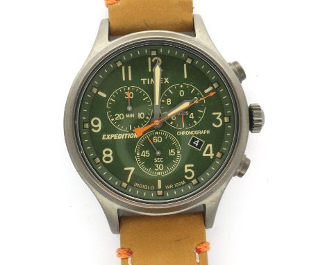 Timex: Expedition gents chronograph wristwatch, date aperture and dark green dial, with tan leather strap. P&amp;P Group 1 (£