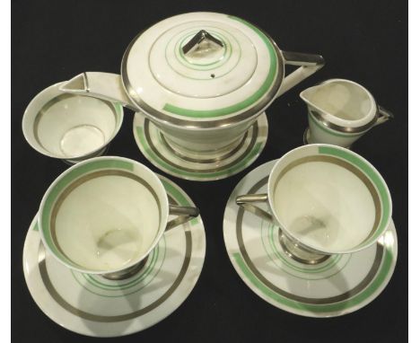 Shelley Art Deco tea service, eight pieces. Hairline crack to one cup, chip to rim on one plate. Not available for in-house P