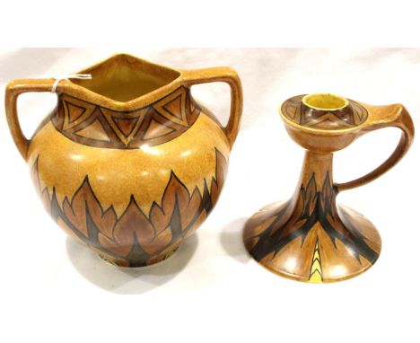Clews Chameleon ware Art Deco jug, H: 17 cm and candlestick holder, no cracks or chips. P&amp;P Group 3 (£25+VAT for the firs