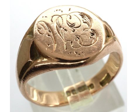 9ct gold signet ring engraved E.H, size P, 7.6g. P&amp;P Group 1 (£14+VAT for the first lot and £1+VAT for subsequent lots) 