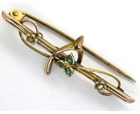 9ct gold turquoise and pearl brooch, 1.7g. P&amp;P Group 1 (£14+VAT for the first lot and £1+VAT for subsequent lots) 