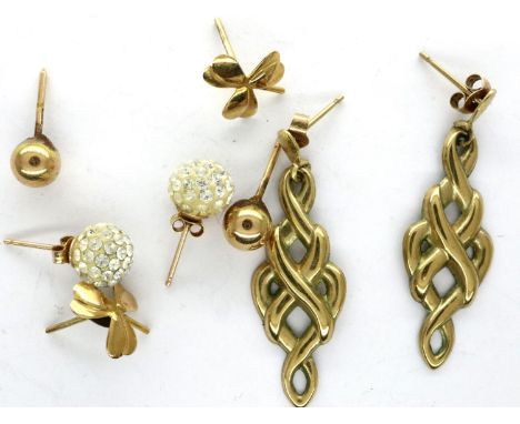 Four pairs of 9ct gold earrings, combined 3.4g. Some backs missing. P&amp;P Group 1 (£14+VAT for the first lot and £1+VAT for