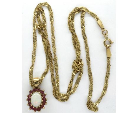 9ct gold opal and ruby pendant necklace, pendant 20mm, chain L: 25 cm. P&amp;P Group 1 (£14+VAT for the first lot and £1+VAT 