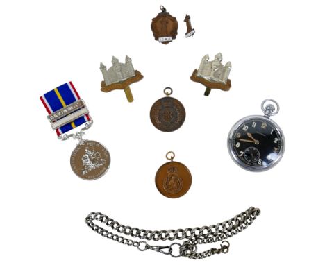 A collection of militaria, including a cased National Service medal with Royal Engineers and 1956-1958 bars, named for 'Cpl. 