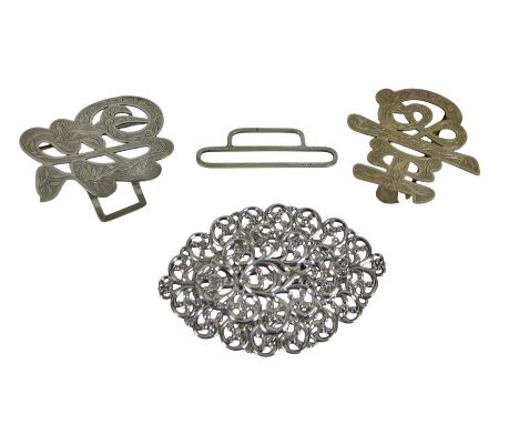 A silver Chinese nurse's buckle, each side as a Chinese character, 1.4ozt, a sterling silver oval scrollwork belt buckle, 0.9