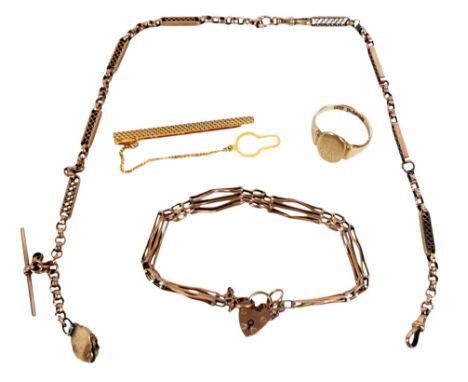 A collection of 9ct gold jewellery, comprising an Albert chain, 41.5cm long, a gatelink bracelet, 16cm long, a 9c signet ring