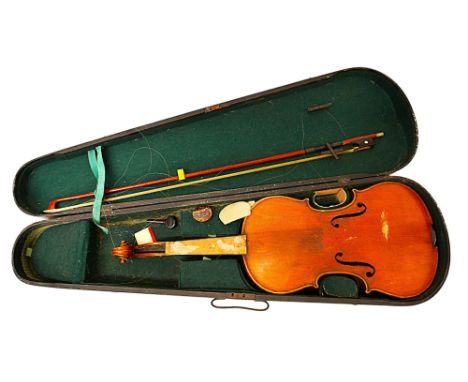 A German Violin for restoration with a 35.5cm two piece back and label Straduarius Deutiche Urbeit, with hard carry case and 