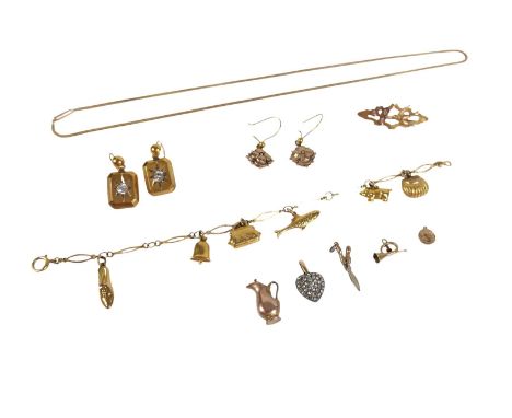 Assorted gilt and gold jewellery, comprising of a pair of gilt earrings, 9ct gold charm bracelet with charms weighing 4.67g, 