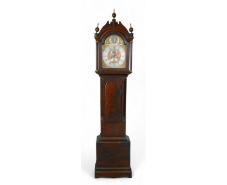 A 19th mahogany longcase clock with automata dial signed Edward Samm, Linton arched case with cornice supported on ring-turne