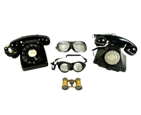 A pair of World War II motorcycle goggles with split lens marked 'Stadium', a pair of Fleming Duraframe Chippers goggles, a B