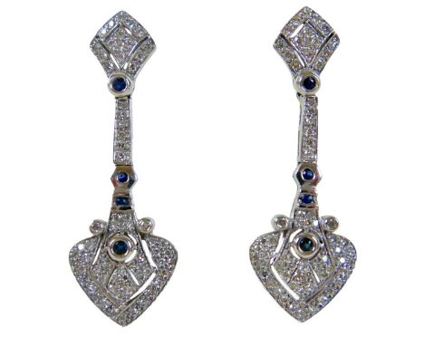 A pair of 9ct white gold Art Deco style diamond and sapphire drop earrings, 14mm by 5 by 42mm high, 8.3g. (2)