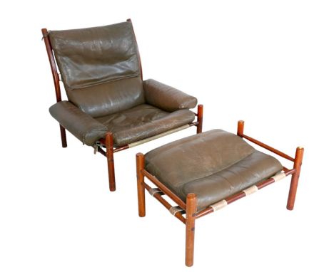 An 'Inca' armchair and footstool, designed by Arne Norell for Norell Mobler, with mushroom leather seats, on stained frames, 