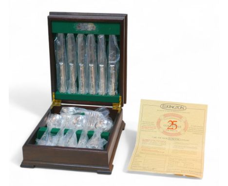 A small canteen of Elkington Plate King's pattern flatware, with certificate, canteen size 27 by 32 by 12cm.