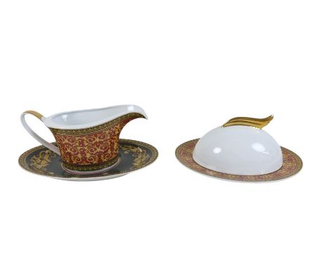 A Medusa Versace Rosenthal porcelain sauce boat on stand and a cheese cover on stand, sauce boat 25 by 15 by 12cm high.