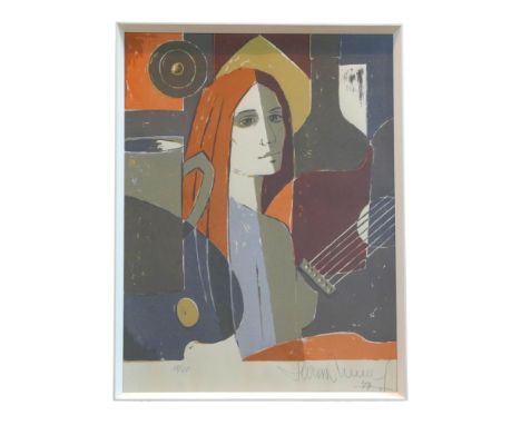 After Hans Nowak (German 1922-1996), limited edition lithograph of a woman with a guitar, signed and numbered 38/60, 63 by 48