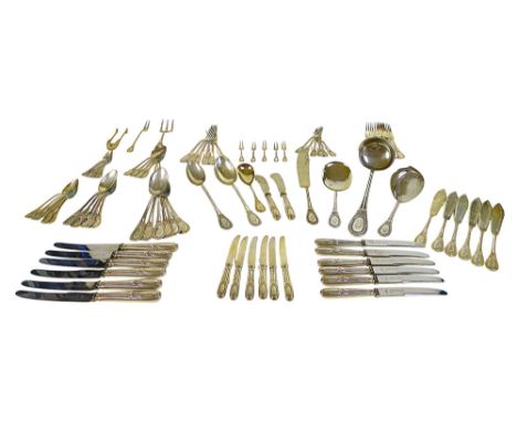 An 800 German silver six person setting of flatware with ribbon decoration monogrammed MW servers and a ladle, total silver w