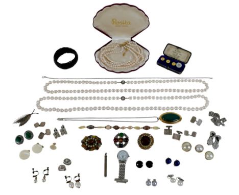 A small group of costume jewellery, including three pairs of silver cufflinks, a modern single strand of pearls, by Braybrook