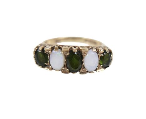 Two opal and three sapphire ring, with a 9ct gold band, scroll setting, weighing 3.6g, size N.