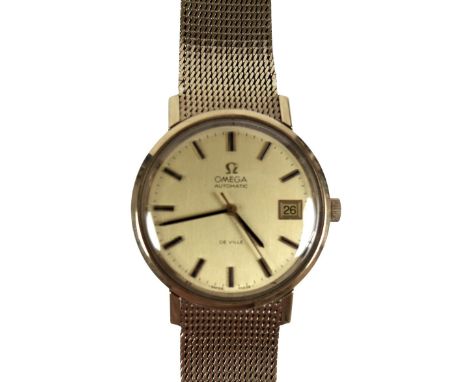 A vintage Omega De Ville Automatic 9ct gold gentleman's wristwatch, circa 1975, circular dial with black batons, date apertur