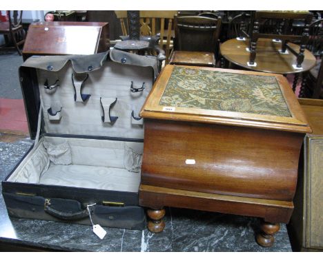 A XIX Century Mahogany Commode, on turned legs. A leather suitcase having canvas cover. (2)