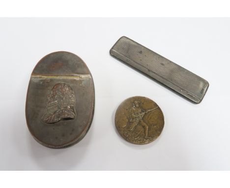 A XIX Century Brass Oval Snuff Box, the hinged lid depicting Shakespeare type profile in relief; a hallmarked silver mounted 