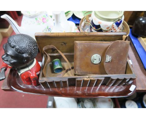 Jolly Money Bank, camera, swallow inlaid box, Satsuma bowl (damages), Stafford, "Rochester" teapot, etc:- One Tray.