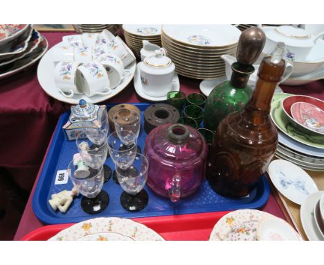 Cranberry Glass Oil Lamp, (lacking chimney), silvered green glass decanter and tots, pin cushion ladies, Quimper, stoneware a