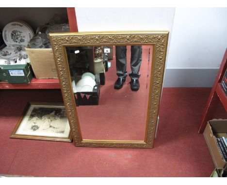 A Rectangular Gold Coloured Framed Wall Mirror by Tivoli, approximately 94 x 65cm. A sepia print 'Golden Hours'. (2)
