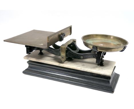 XIX Century Brass Shop Scales by "Parnall & Sons, Fishponds, Bristol", on ebonised and marble base.