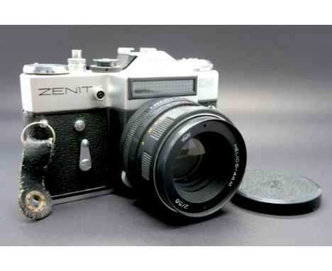 A Zenit EM 35mm Film SLR Camera, Moscow 1980 Olympics commemorative edition, complete with Helios 58mm F2.0 lens.